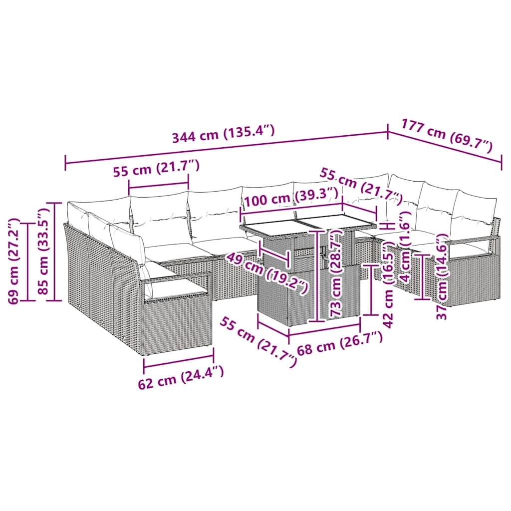 Conjunto de Sofá de Jardim 11 pcs Marrom e Creme vime PE