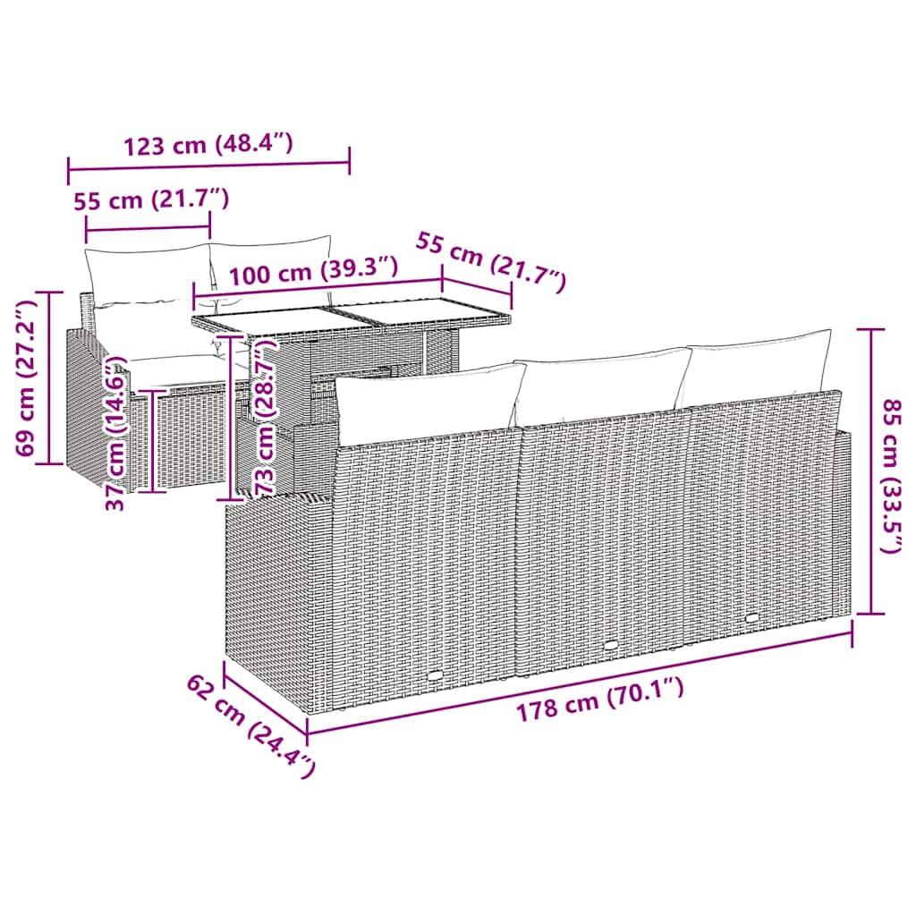 Conjunto de Sofá de Jardim 6 pcs Bege e Cinza Claro vime PE
