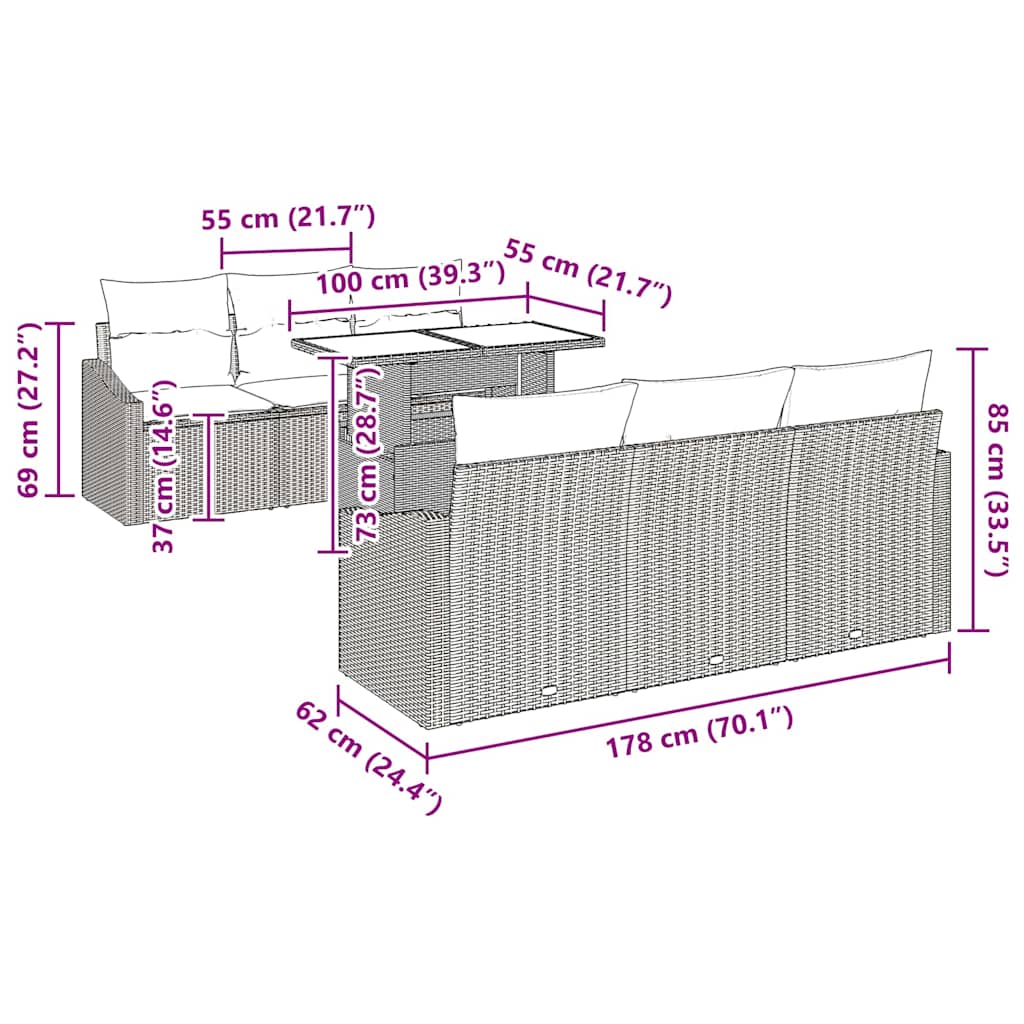 Conjunto de Sofá de Jardim 7 pcs Cinzento-claro vime PE