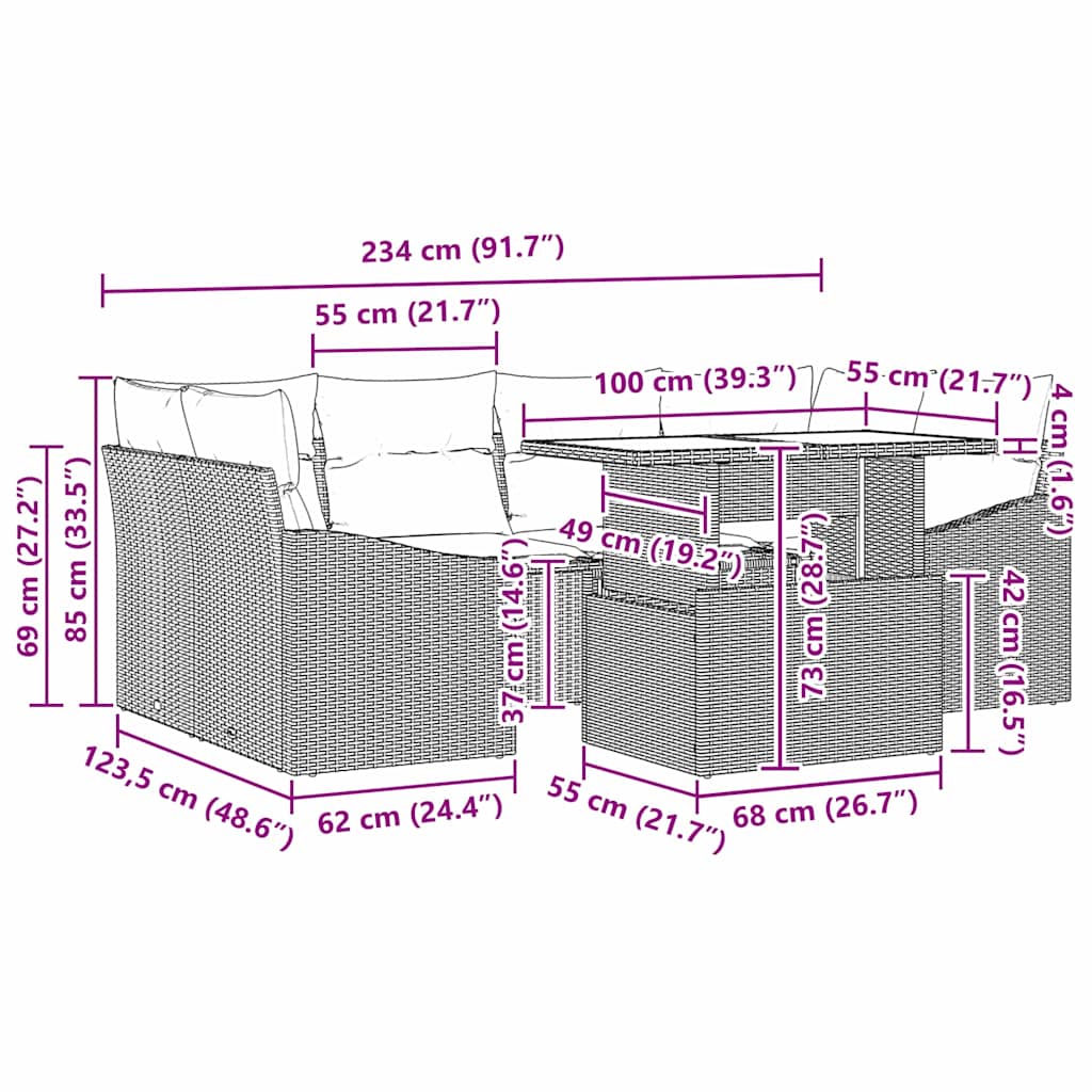 Conjunto de Sofá de Jardim com almofada 7 pcs Preto vime PE