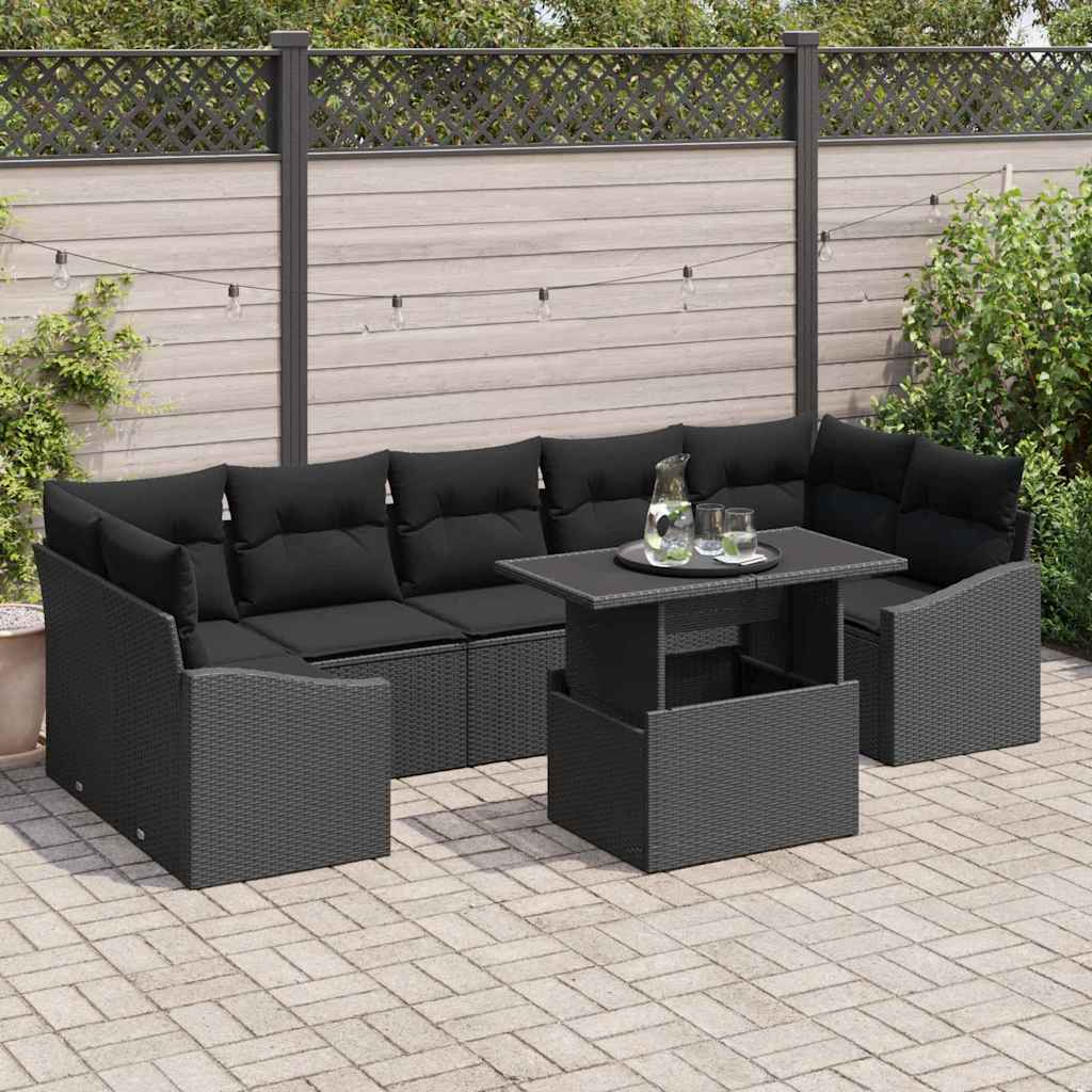 Conjunto de Sofá de Jardim com almofada 8 pcs Preto vime PE