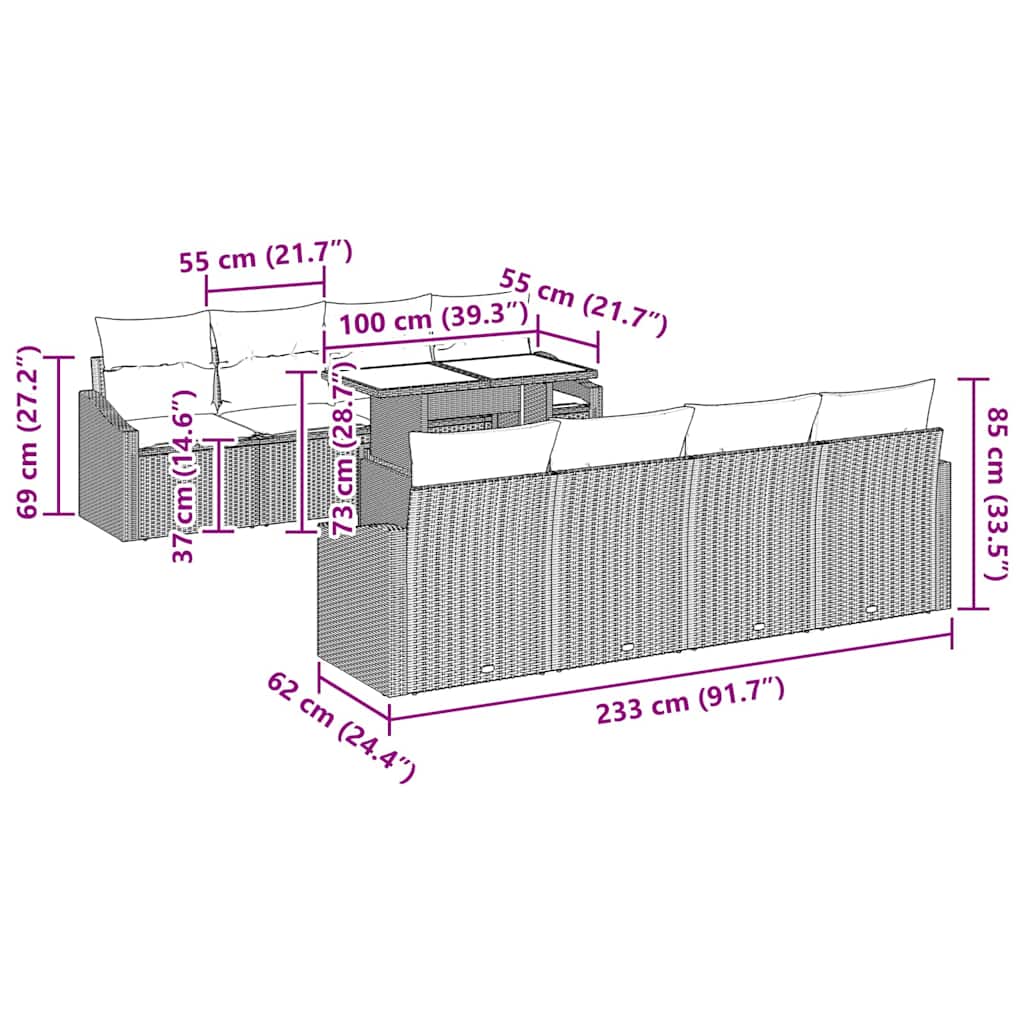 Conjunto de Sofá de Jardim com almofada 7 pcs Cinzeto vime PE