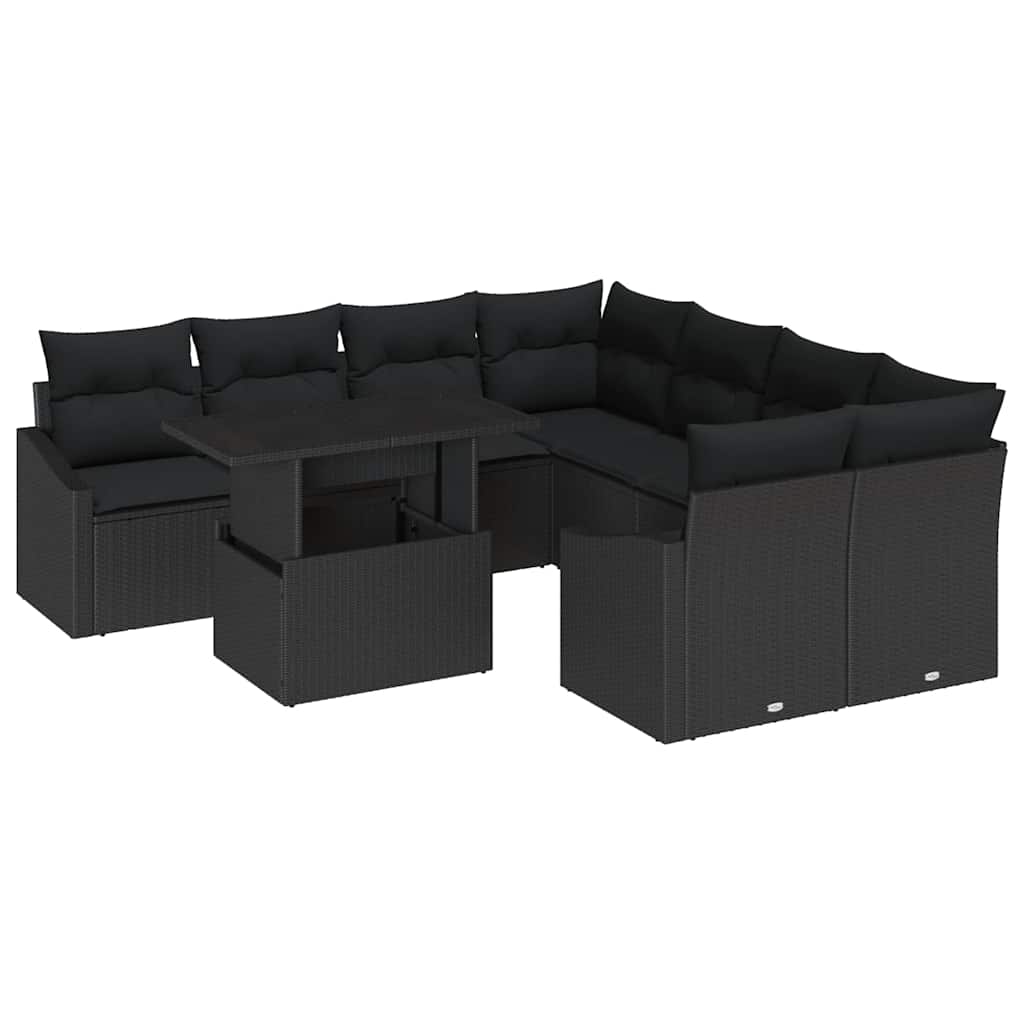 Conjunto de Sofá de Jardim com almofada 9 pcs Preto vime PE