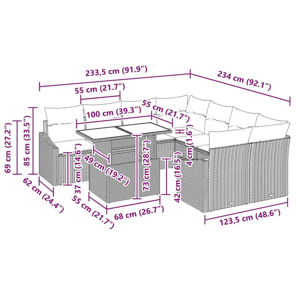 Conjunto de Sofá de Jardim com almofada 9 pcs Preto vime PE