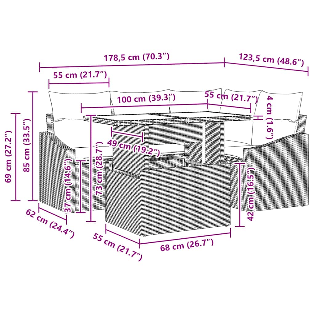 Conjunto de Sofá de Jardim 5 pcs Cinzento-claro vime PE