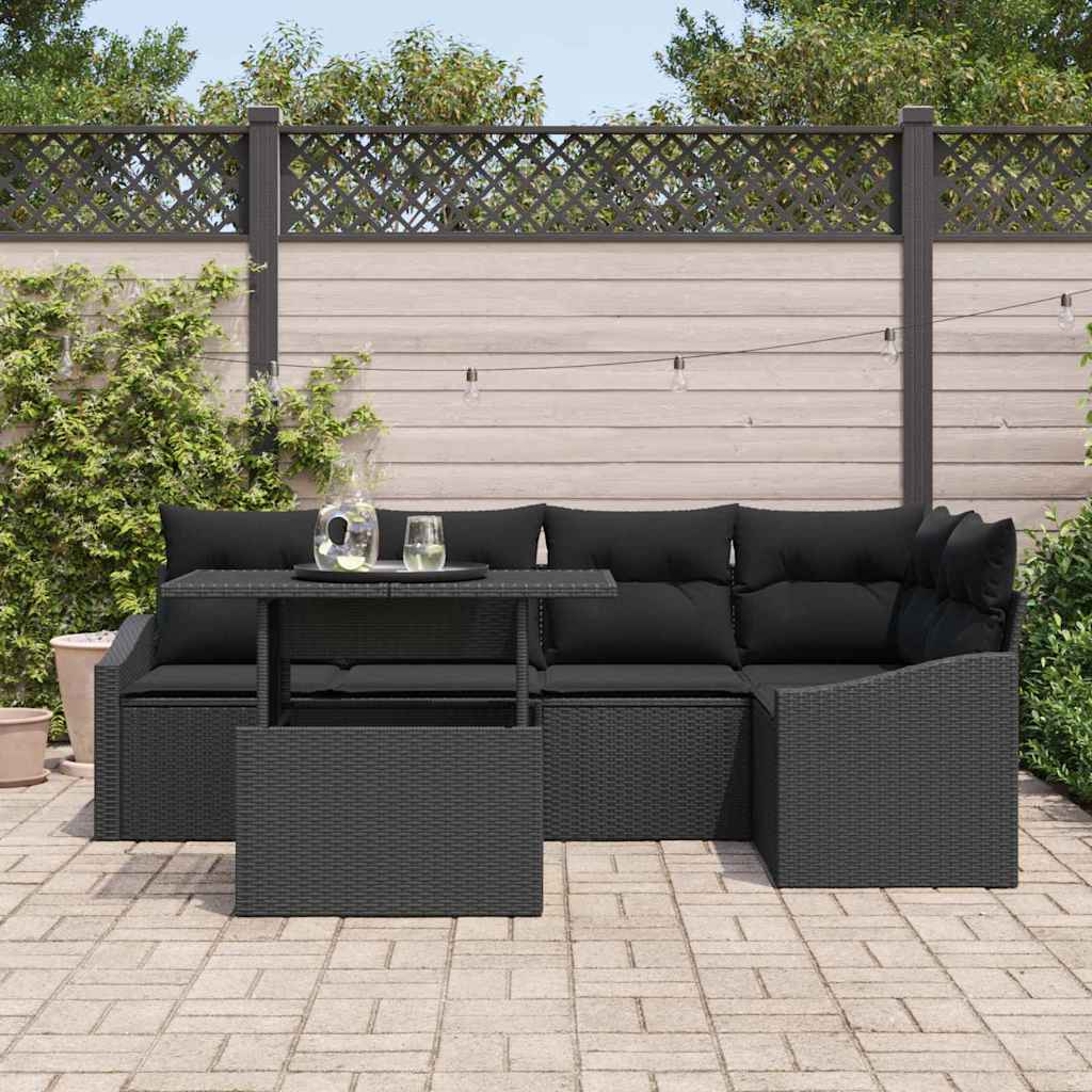 Conjunto de Sofá de Jardim com almofada 6 pcs Preto vime PE