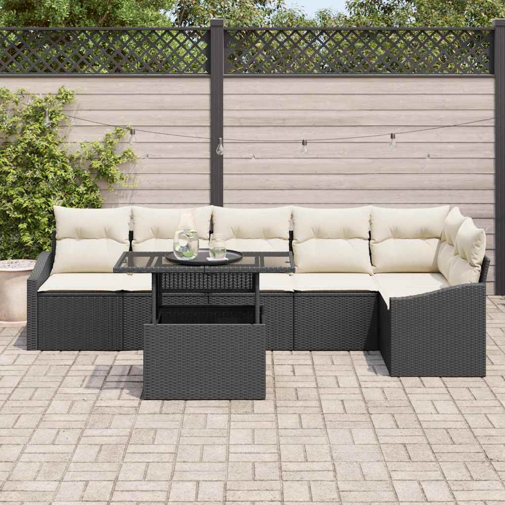 Conjunto de Sofá de Jardim com almofada 7 pcs Preto e creme