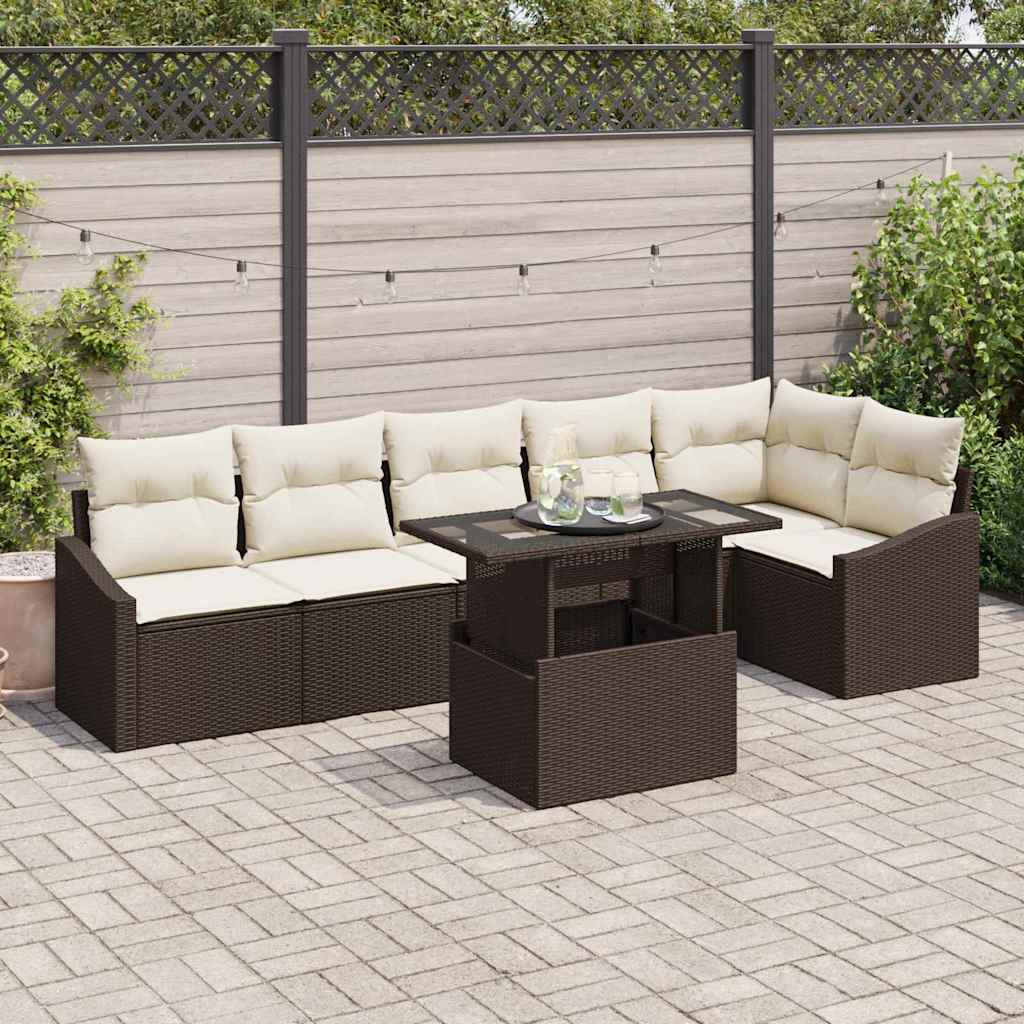 Conjunto de Sofá de Jardim 7 pcs Marrom e Creme vime PE