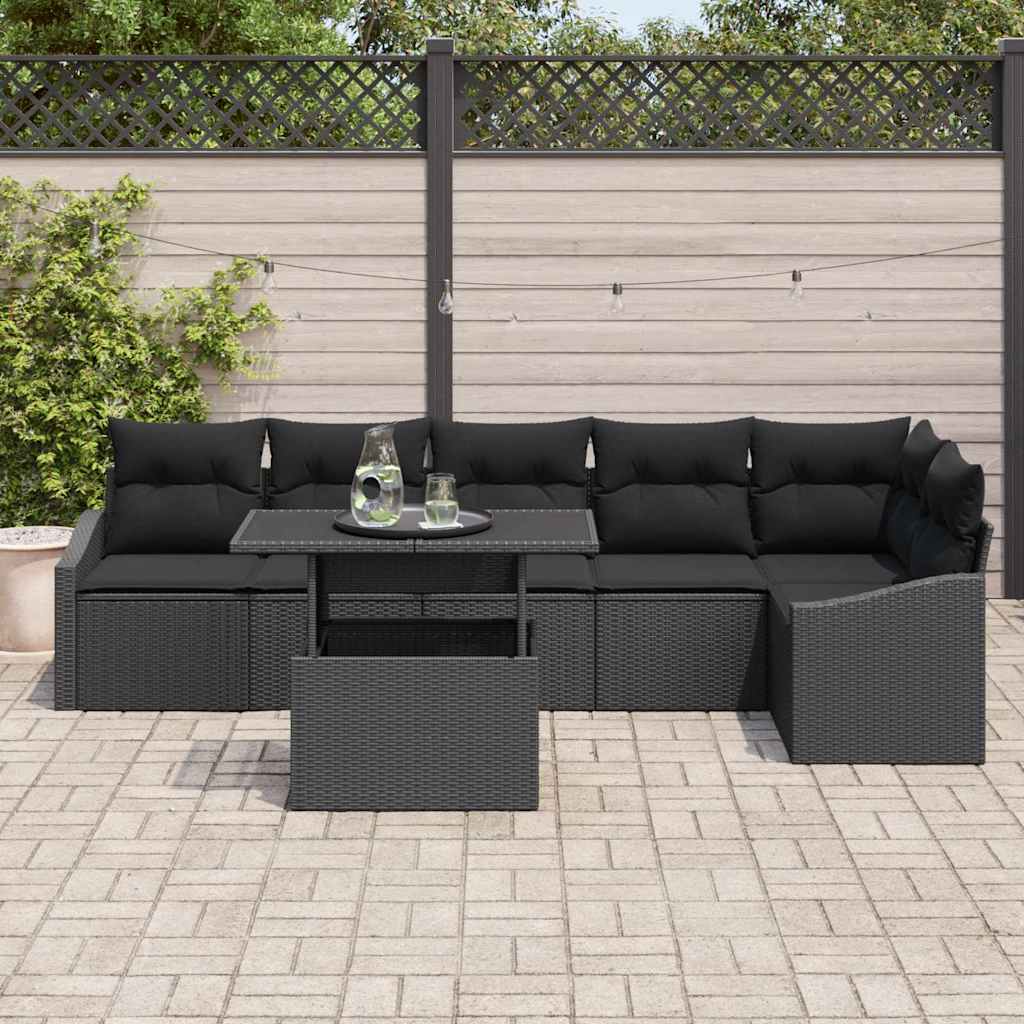 Conjunto de Sofá de Jardim com almofada 7 pcs Preto vime PE