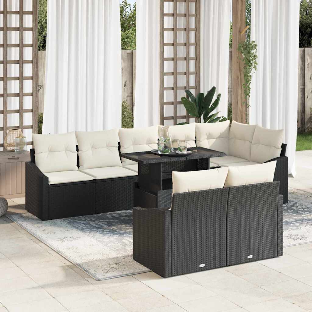 Conjunto de Sofá de Jardim com almofada 9 pcs Preto e creme