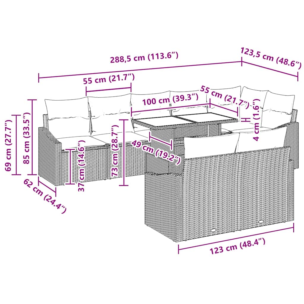 Conjunto de Sofá de Jardim com almofada 9 pcs Preto e creme