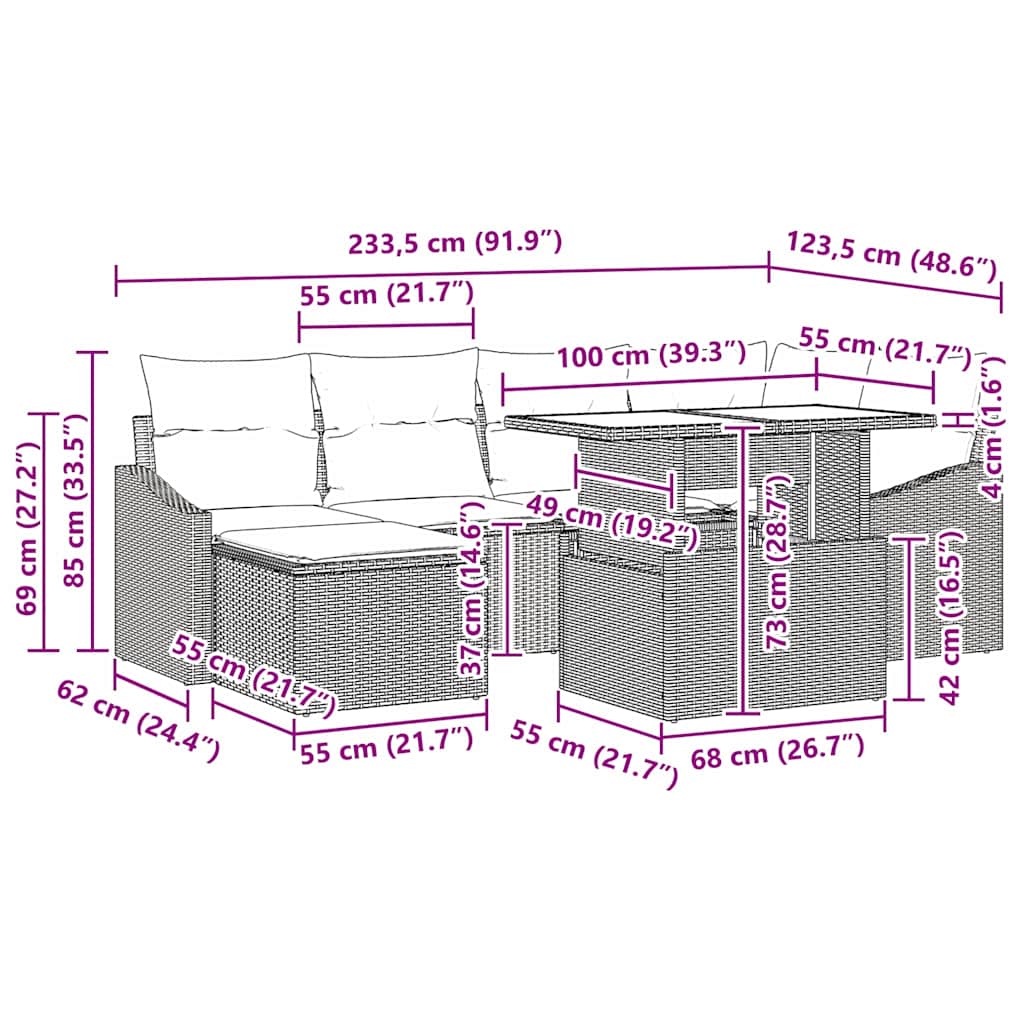 Conjunto de Sofá de Jardim com almofada 7 pcs Preto e creme