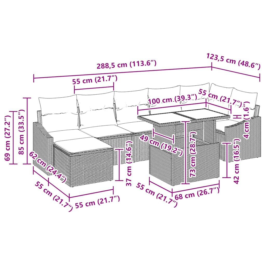 Conjunto de Sofá de Jardim com almofada 8 pcs Cinzeto vime PE