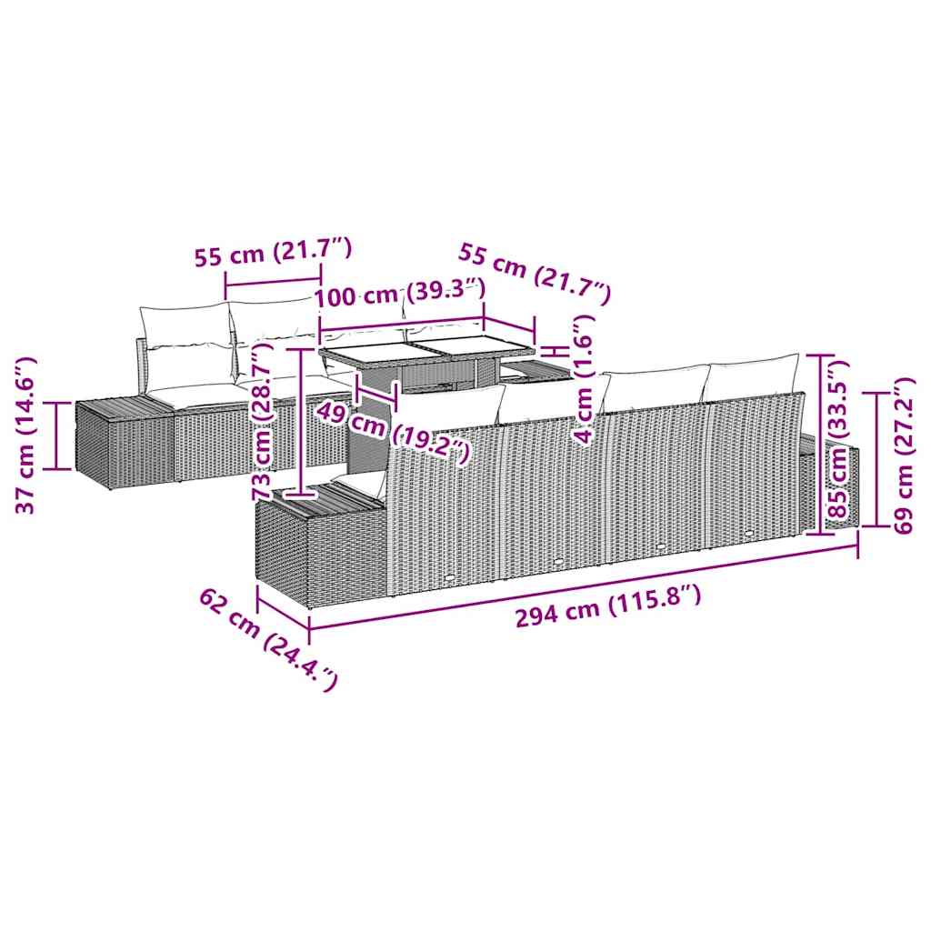 Conjunto de Sofá de Jardim 9 pcs Preto e Creme vime PE