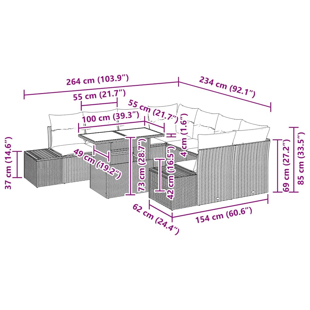 Conjunto de Sofá de Jardim 9 pcs Preto e Creme vime PE