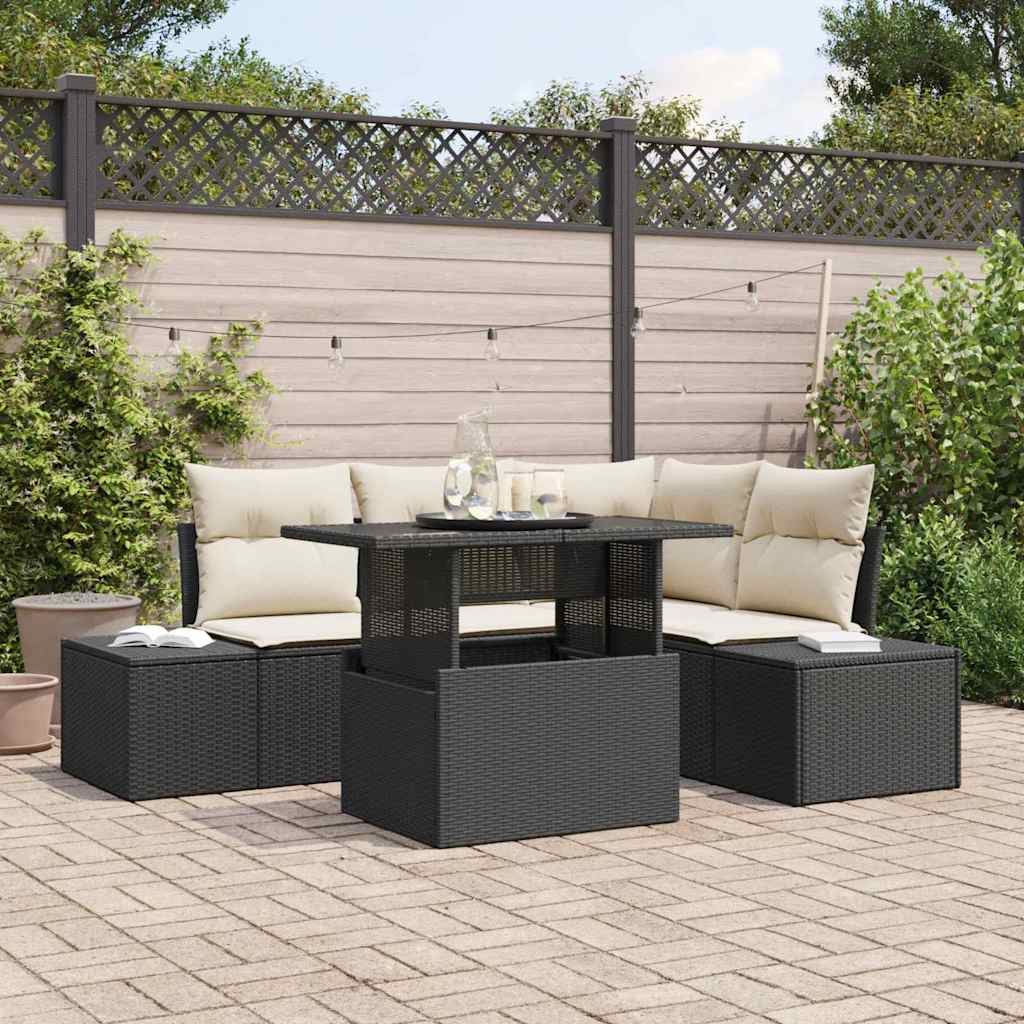 Conjunto de Sofá de Jardim 5 pcs Preto e Creme vime PE