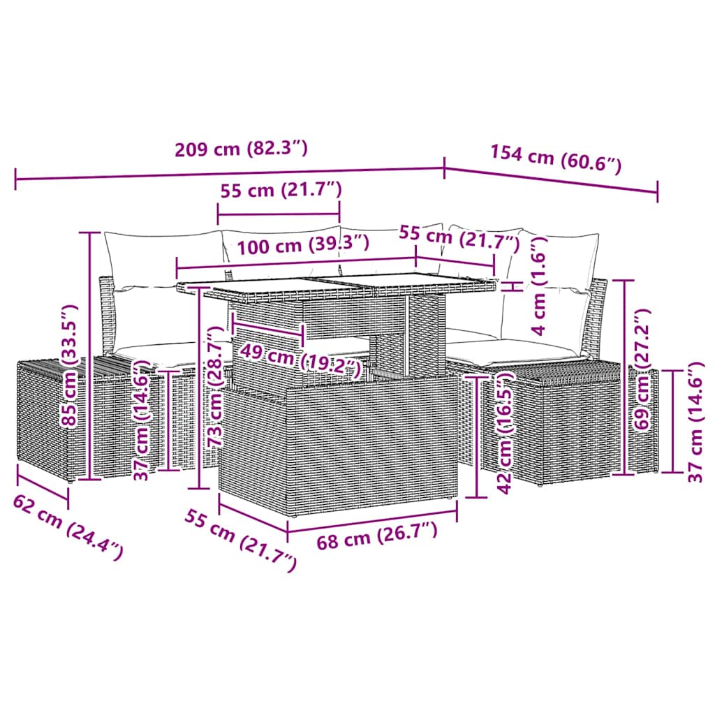 Conjunto de Sofá de Jardim 5 pcs Marrom e Creme vime PE
