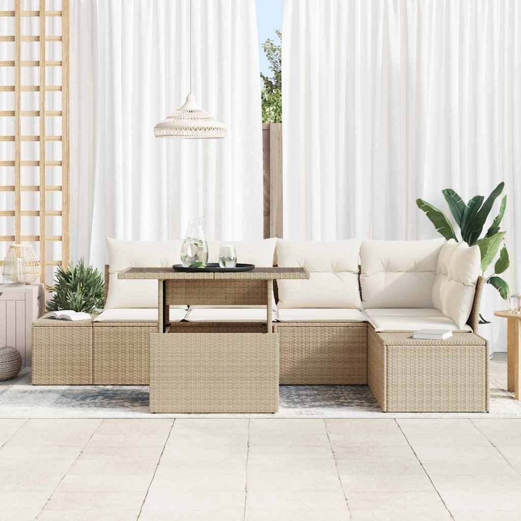 Conjunto de Sofá de Jardim com almofada 6 pcs Bege vime PE