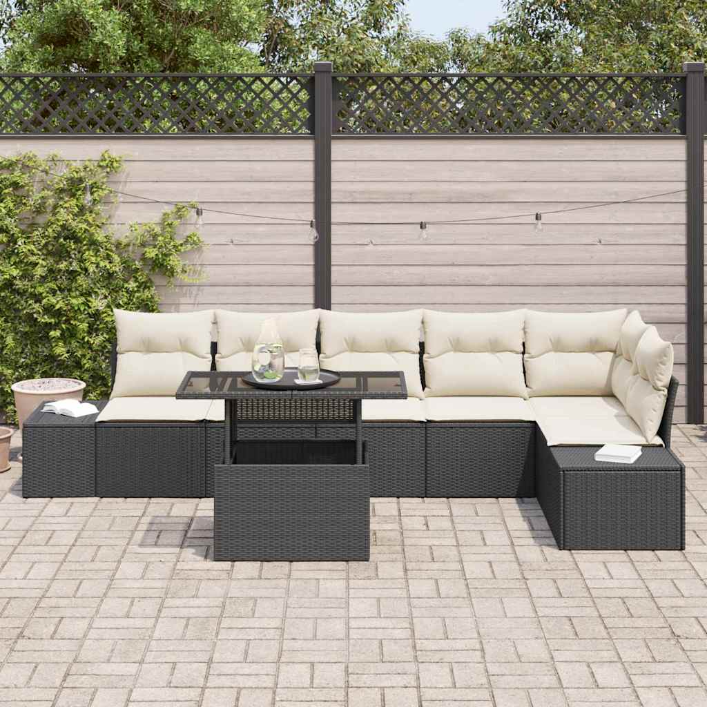 Conjunto de Sofá de Jardim com almofada 7 pcs Preto e creme