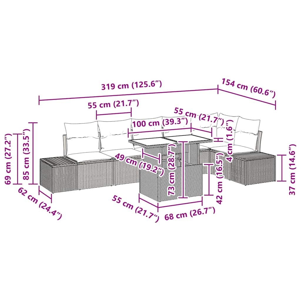 Conjunto de Sofá de Jardim 7 pcs Cinzento-claro vime PE