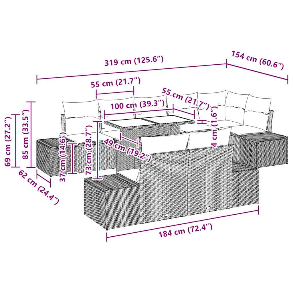 Conjunto de Sofá de Jardim com almofada 9 pcs Preto vime PE