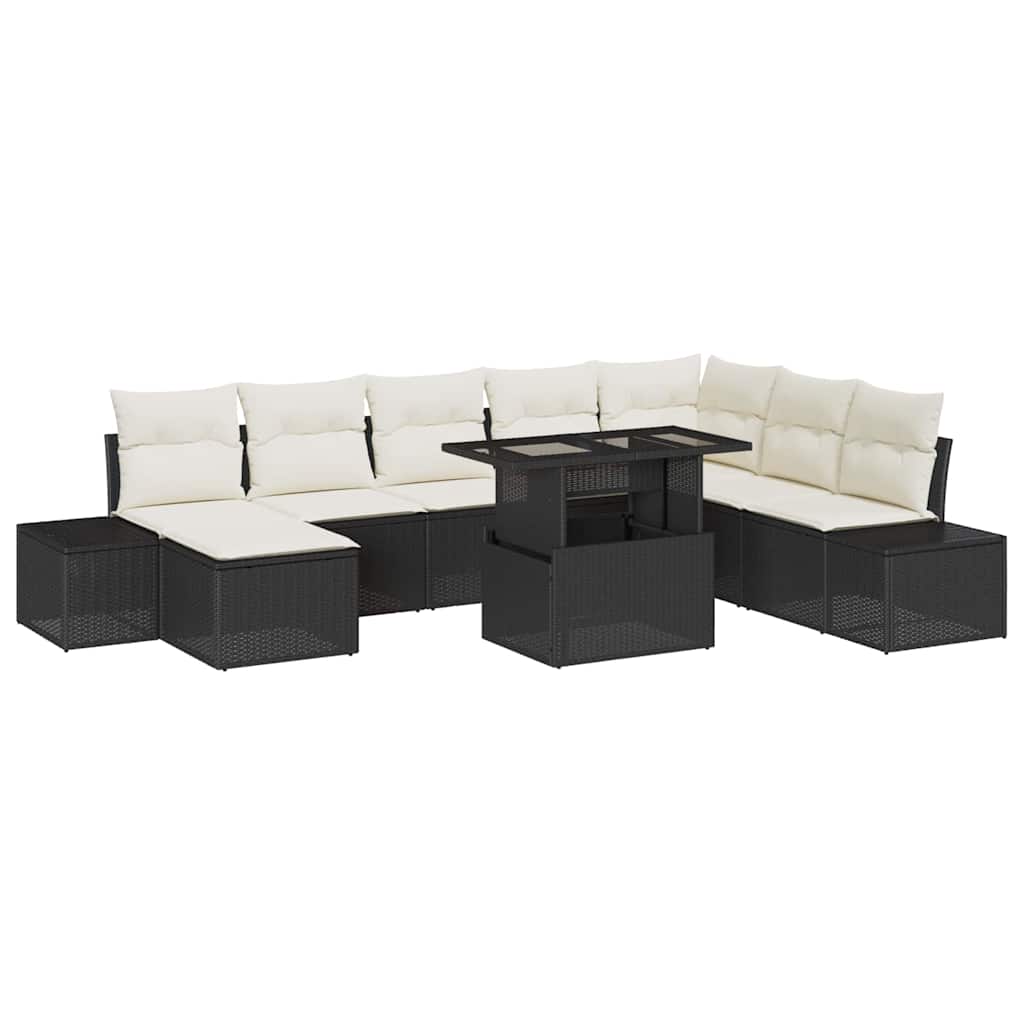 Conjunto de Sofá de Jardim com almofada 9 pcs Preto e creme