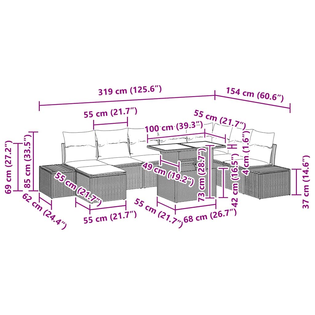 Conjunto de Sofá de Jardim com almofada 9 pcs Cinzeto