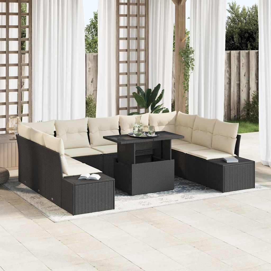 Conjunto de Sofá de Jardim com almofada 10 pcs Preto e creme