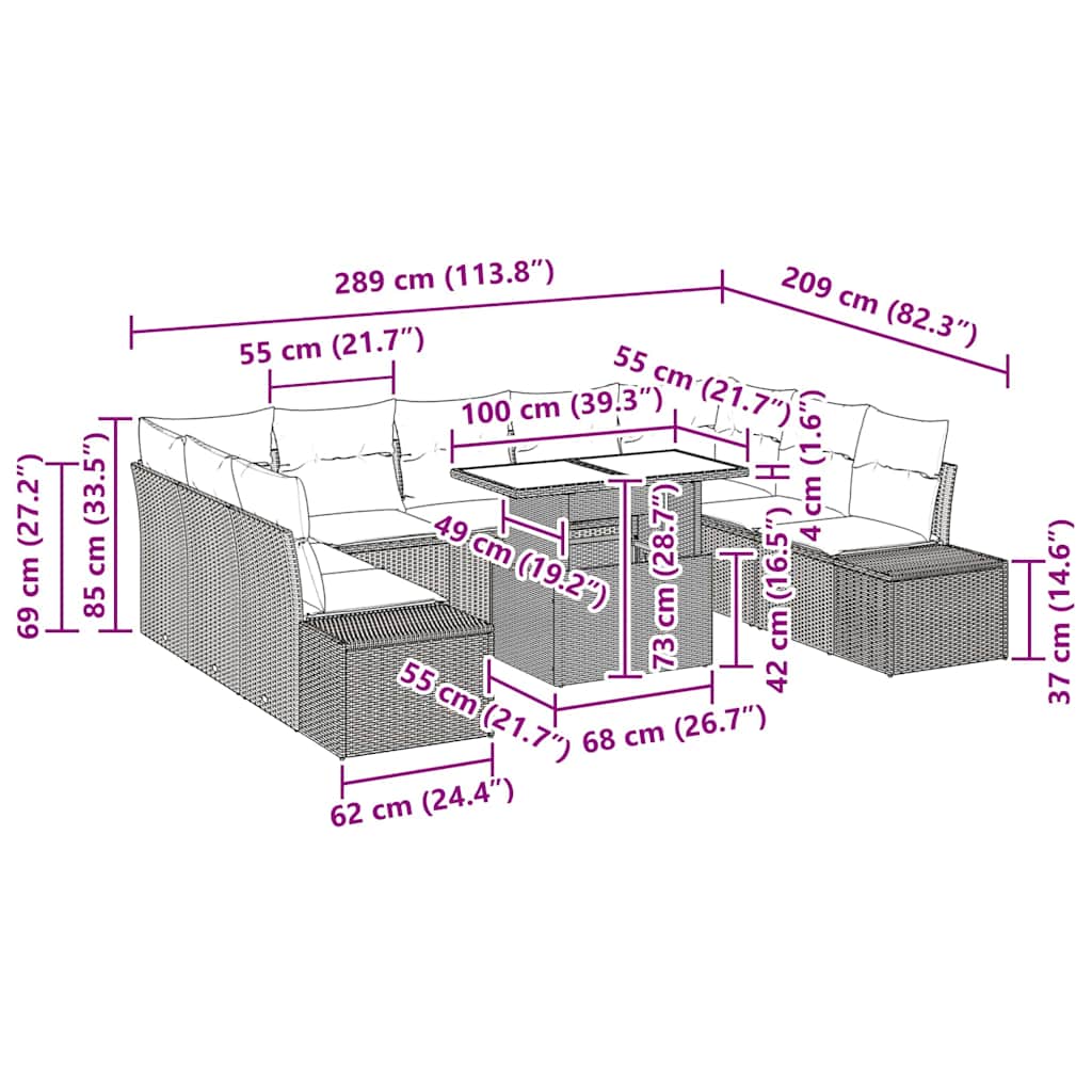 Conjunto de Sofá de Jardim Manual 10 pcs bege e cinzento claro