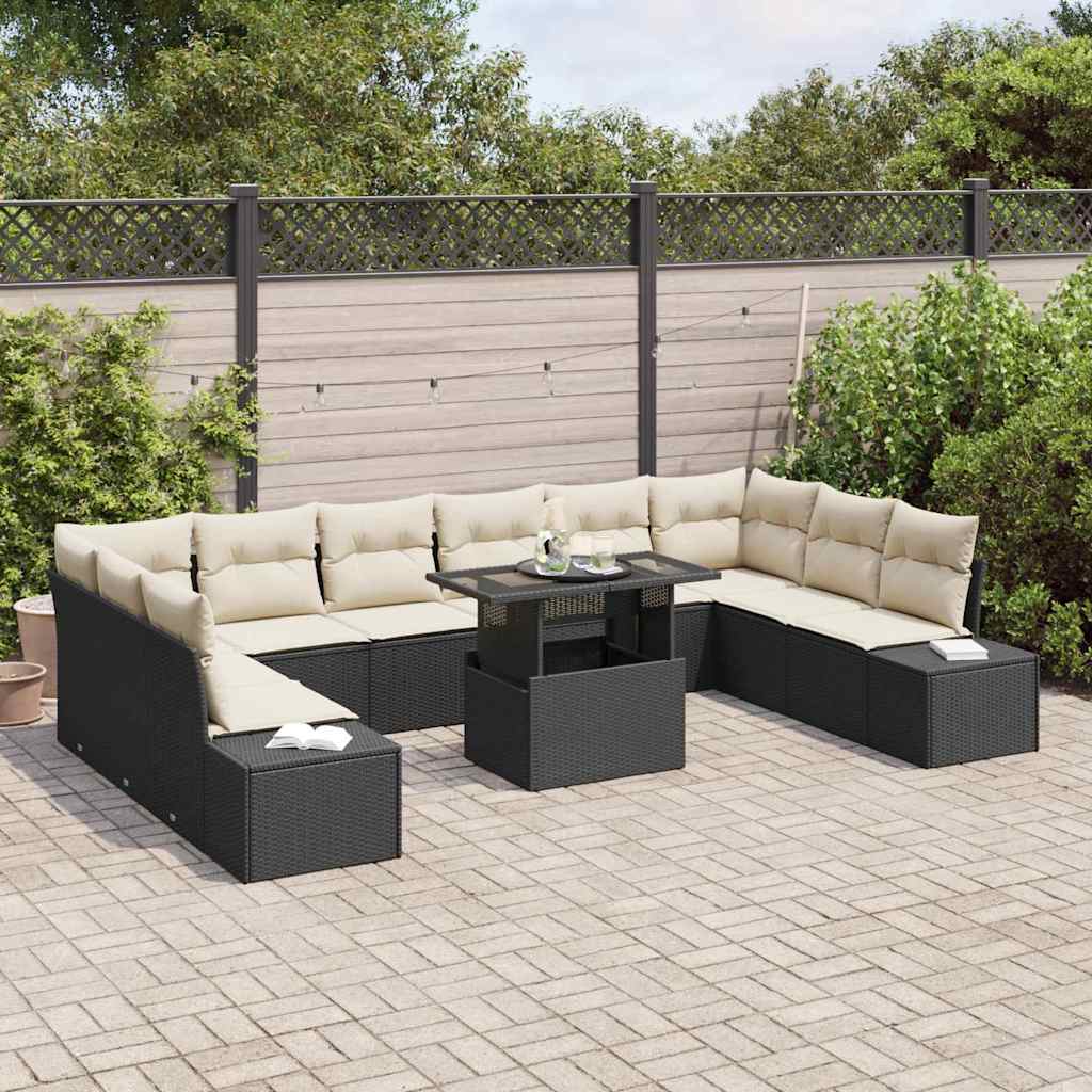Conjunto de Sofá de Jardim com almofada 11 pcs Preto e creme