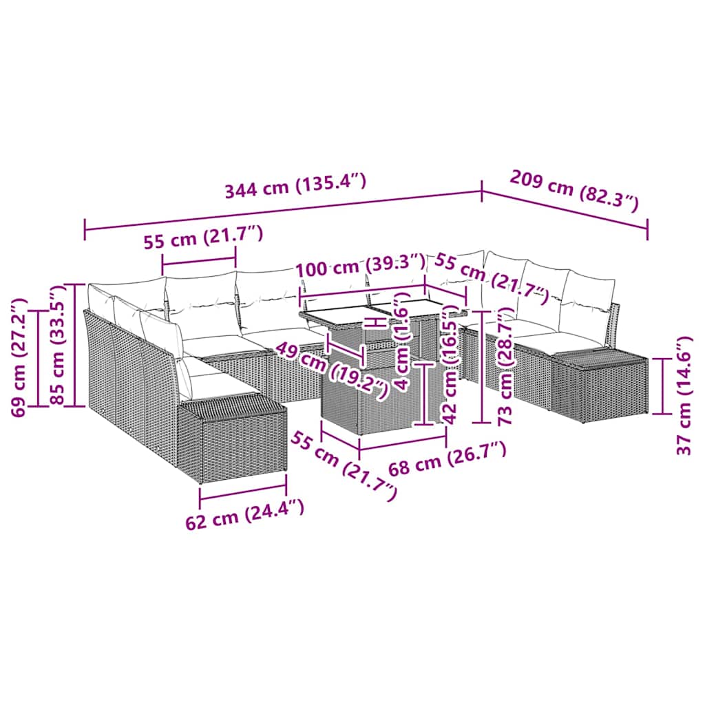 Conjunto de Sofá de Jardim com almofada Manual 11 pcs Cinzeto