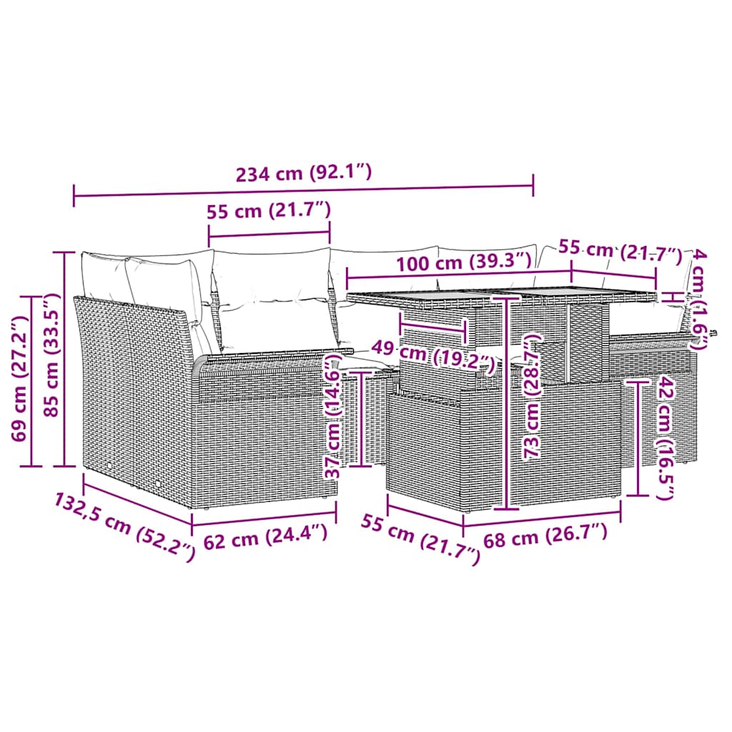 Conjunto de Sofá de Jardim com almofada Manual 7 pcs Cinzeto