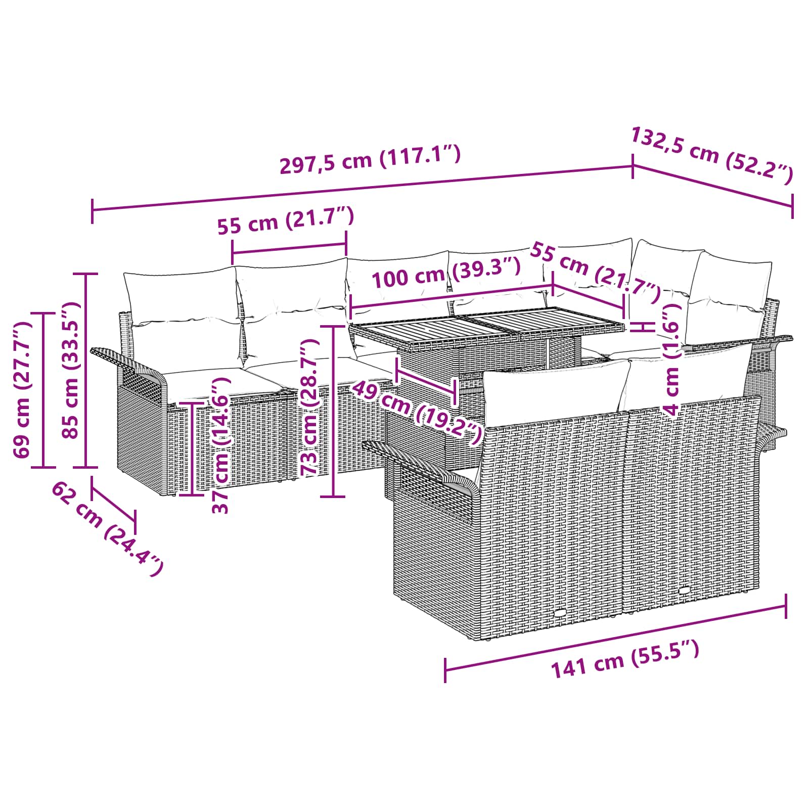 Conjunto de Sofá de Jardim com almofada 9 pcs Preto e creme