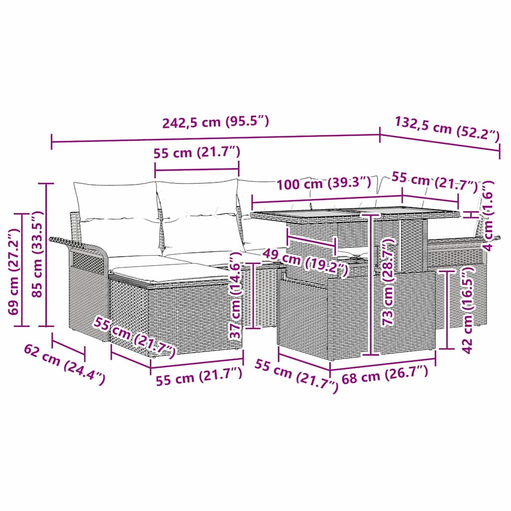 Conjunto de Sofá de Jardim com almofada 7 pcs Preto e creme
