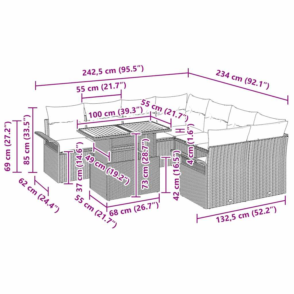 Conjunto de Sofá de Jardim com almofada 11 pcs Cinzeto