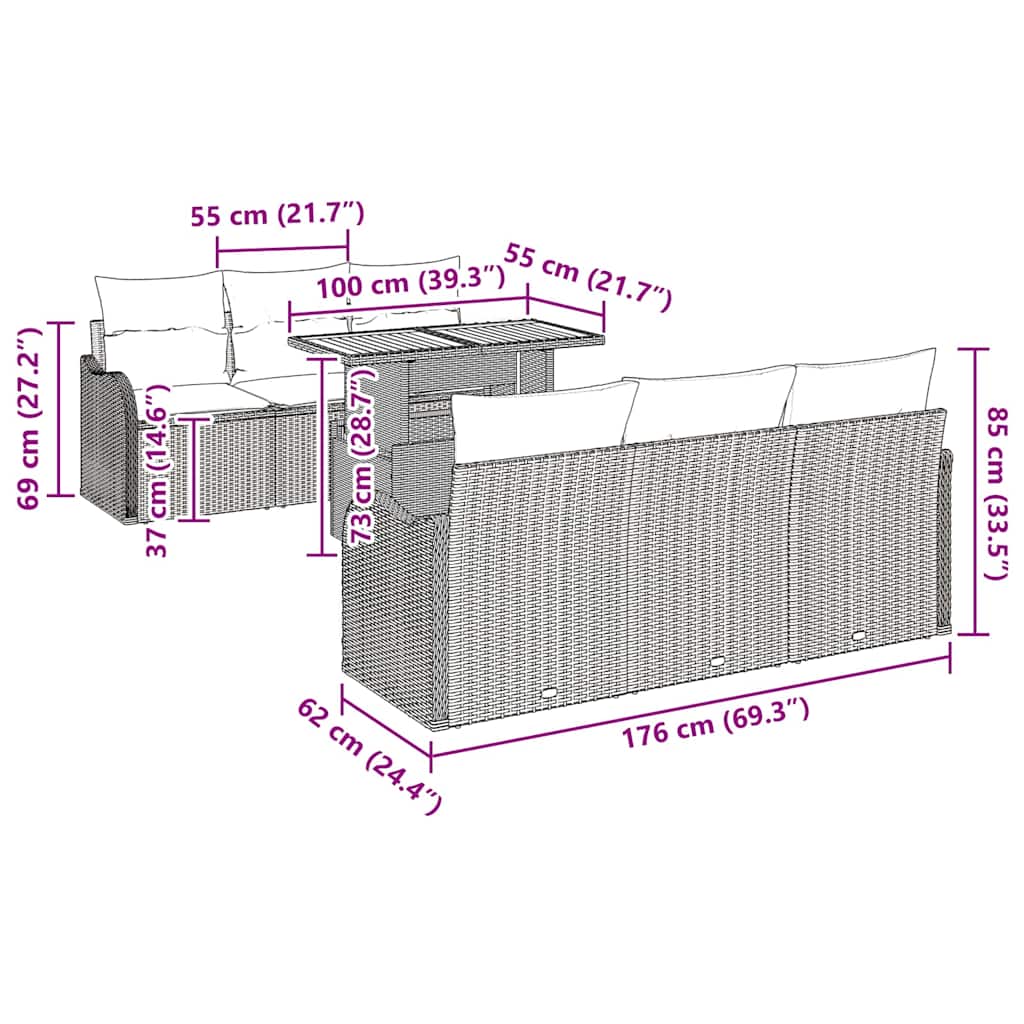 Conjunto de Sofá de Jardim com almofada Manual 7 pcs Preto