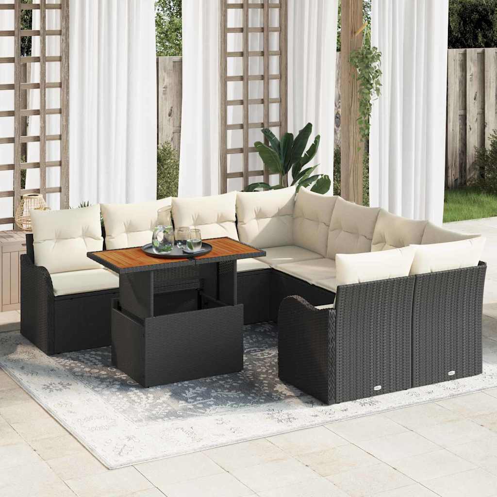 Conjunto de Sofá de Jardim com almofada 7 pcs Preto e creme