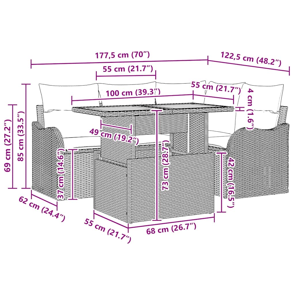 Conjunto de Sofá de Jardim com almofada Manual 5 pcs Preto