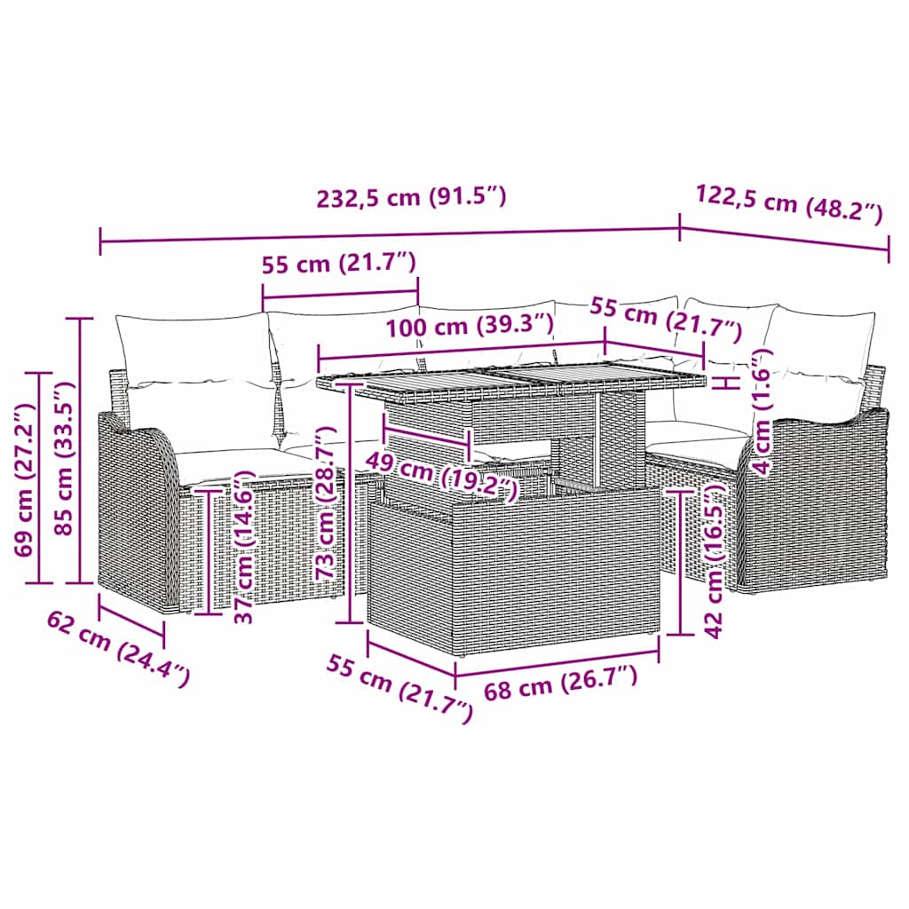 Conjunto de Sofá de Jardim com almofada Manual 6 pcs Preto