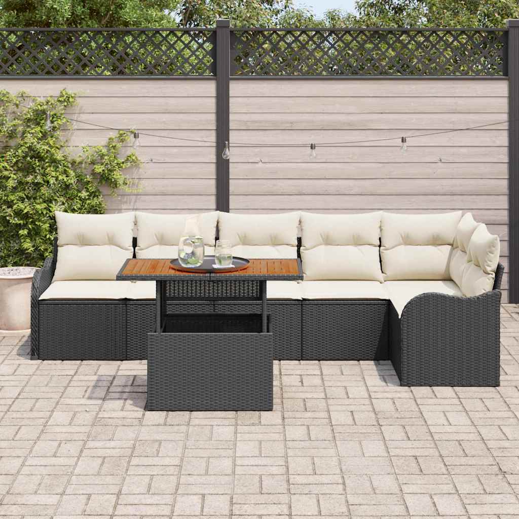 Conjunto de Sofá de Jardim com almofada 7 pcs Preto e creme