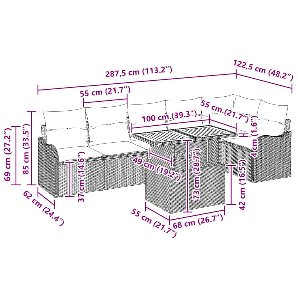 Conjunto de Sofá de Jardim com almofada 7 pcs Preto e creme