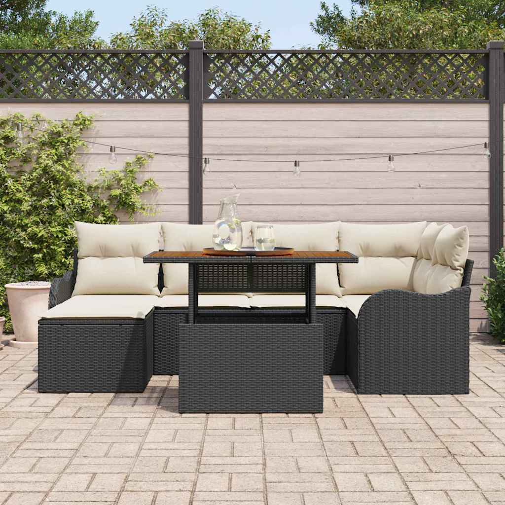 Conjunto de Sofá de Jardim com almofada 7 pcs Preto e creme