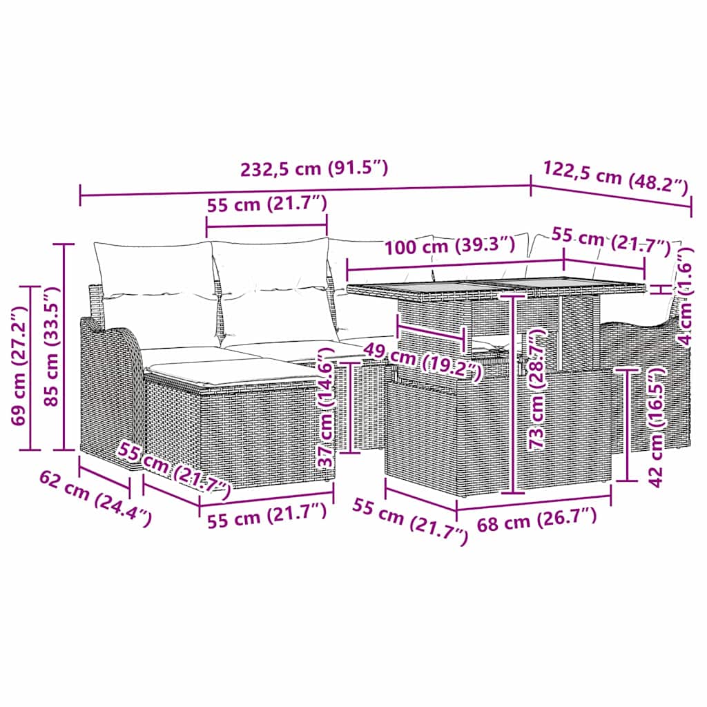 Conjunto de Sofá de Jardim com almofada 7 pcs Preto e creme