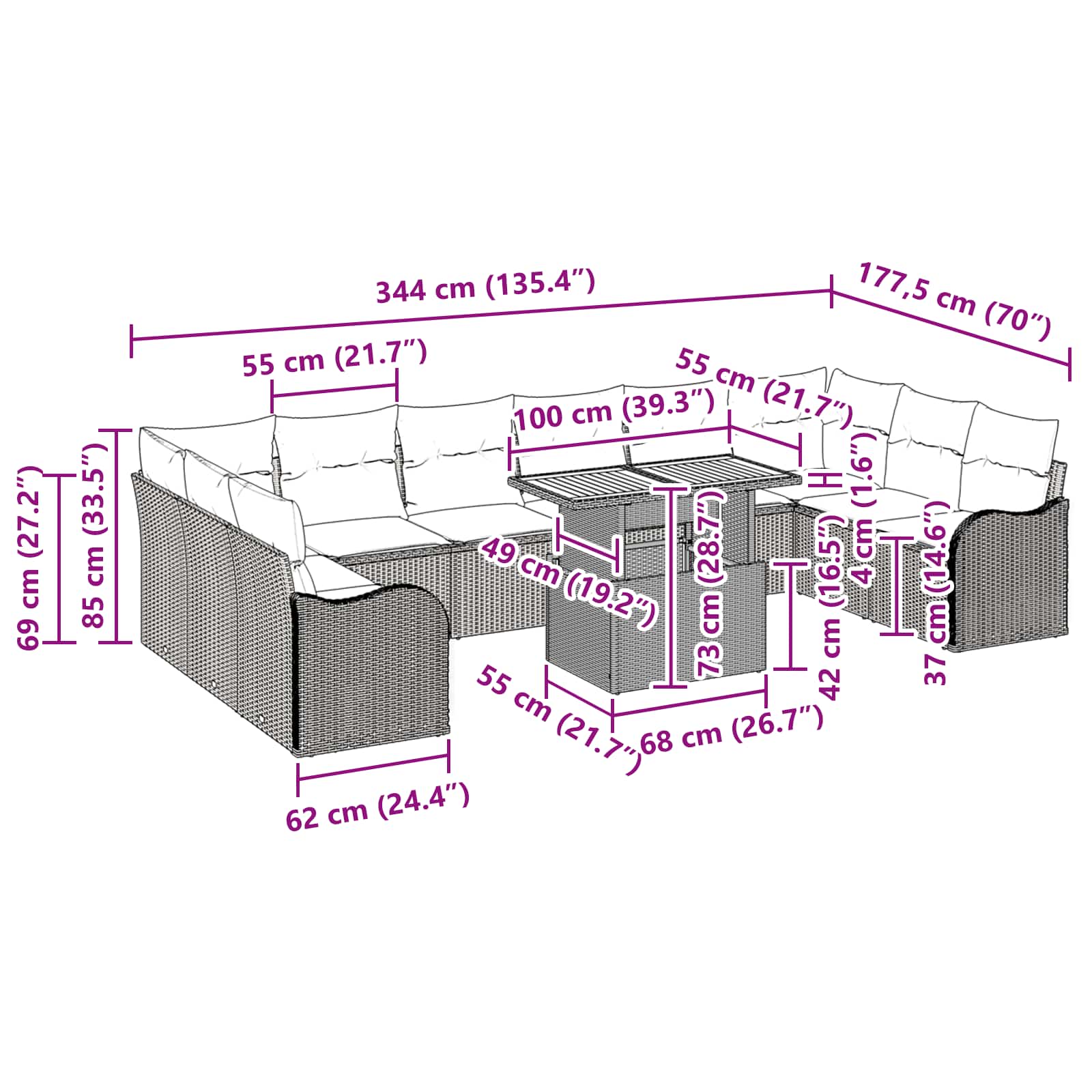 Conjunto de Sofá de Jardim com almofada 11 pcs Preto e creme