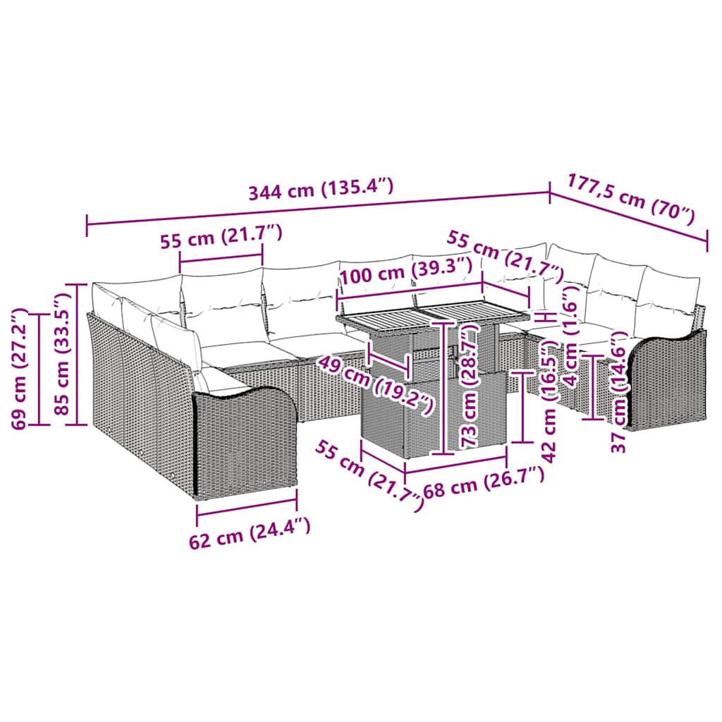 Conjunto de Sofá de Jardim com almofada 11 pcs Preto
