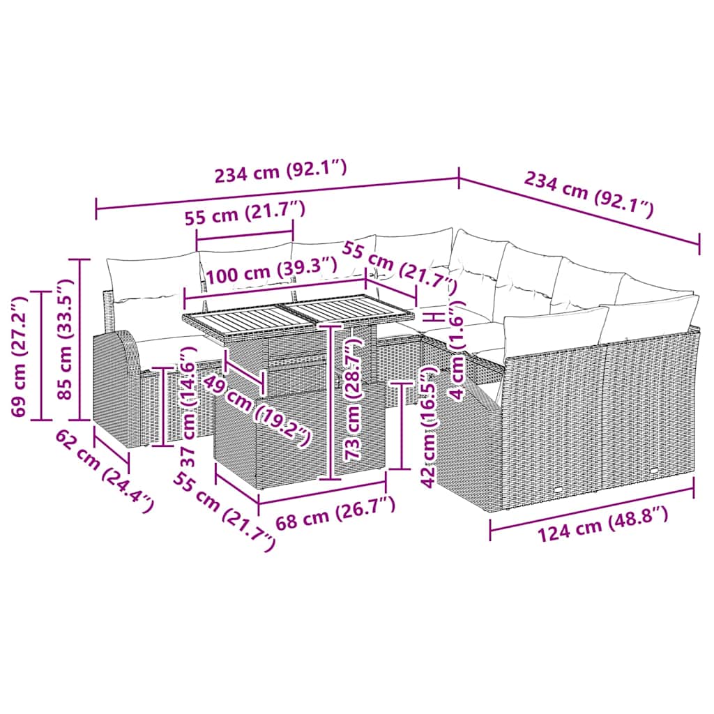 Conjunto de Sofá de Jardim com almofada 9 pcs bege e creme