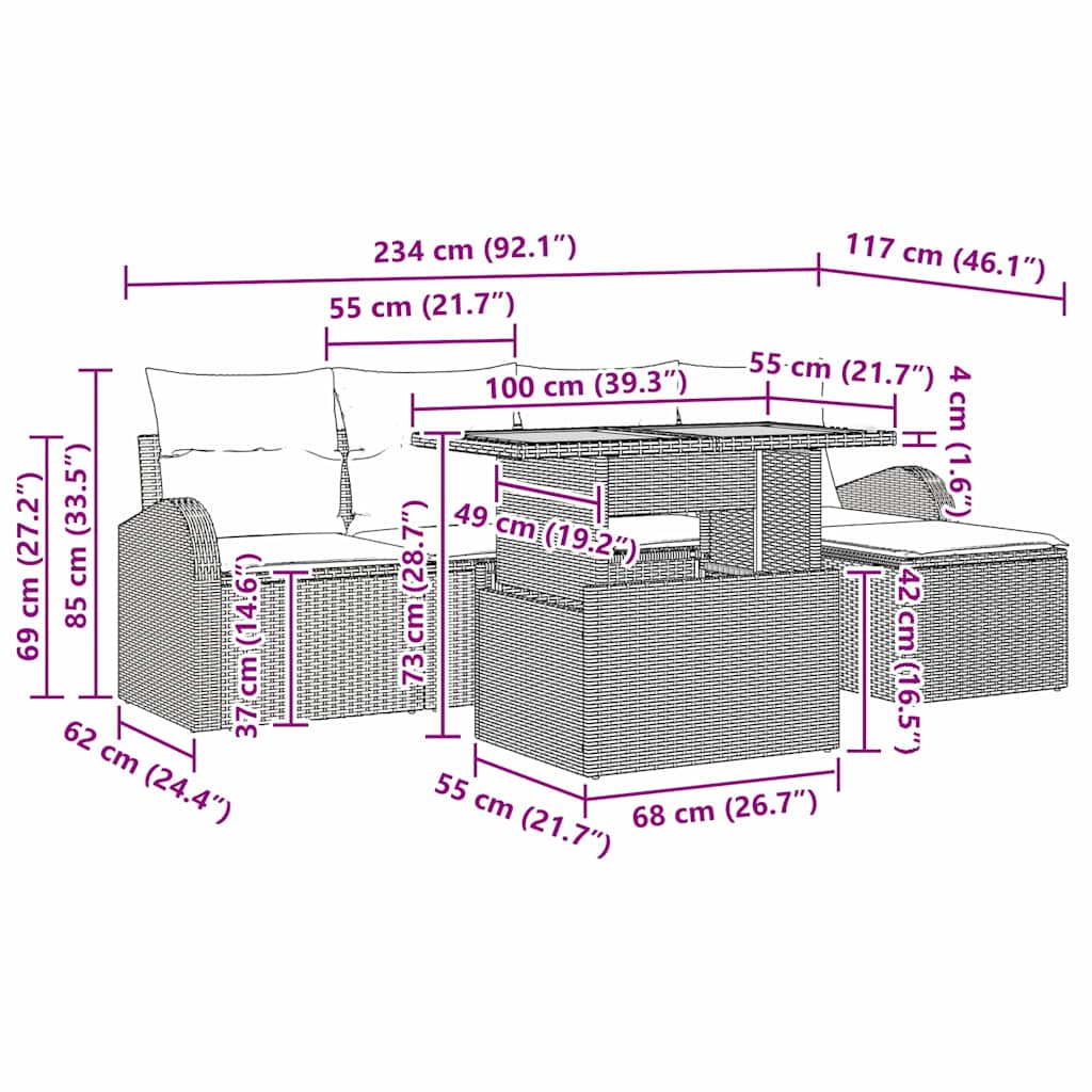 Conjunto de Sofá de Jardim com almofada 6 pcs bege e creme