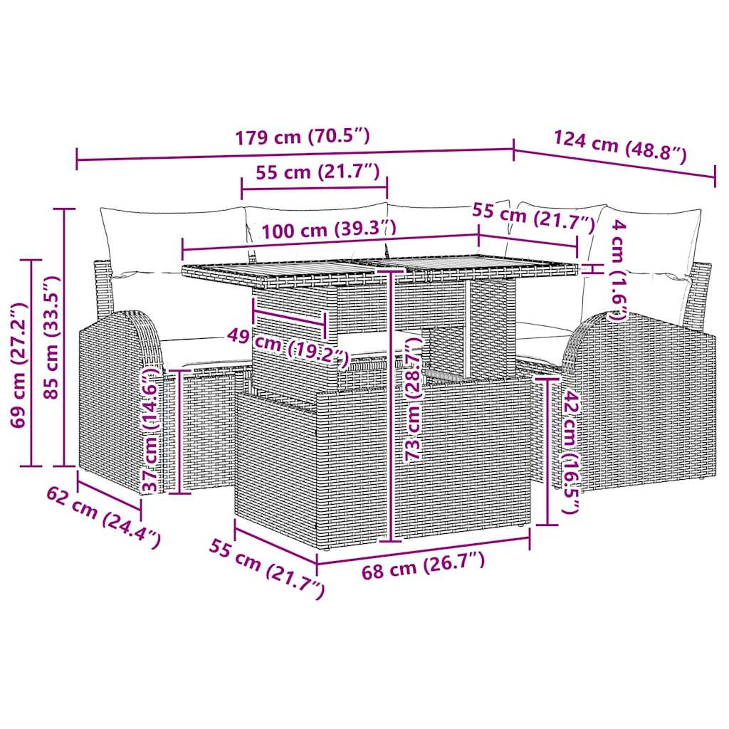 Conjunto de Sofá de Jardim com almofada 5 pcs Preto e creme