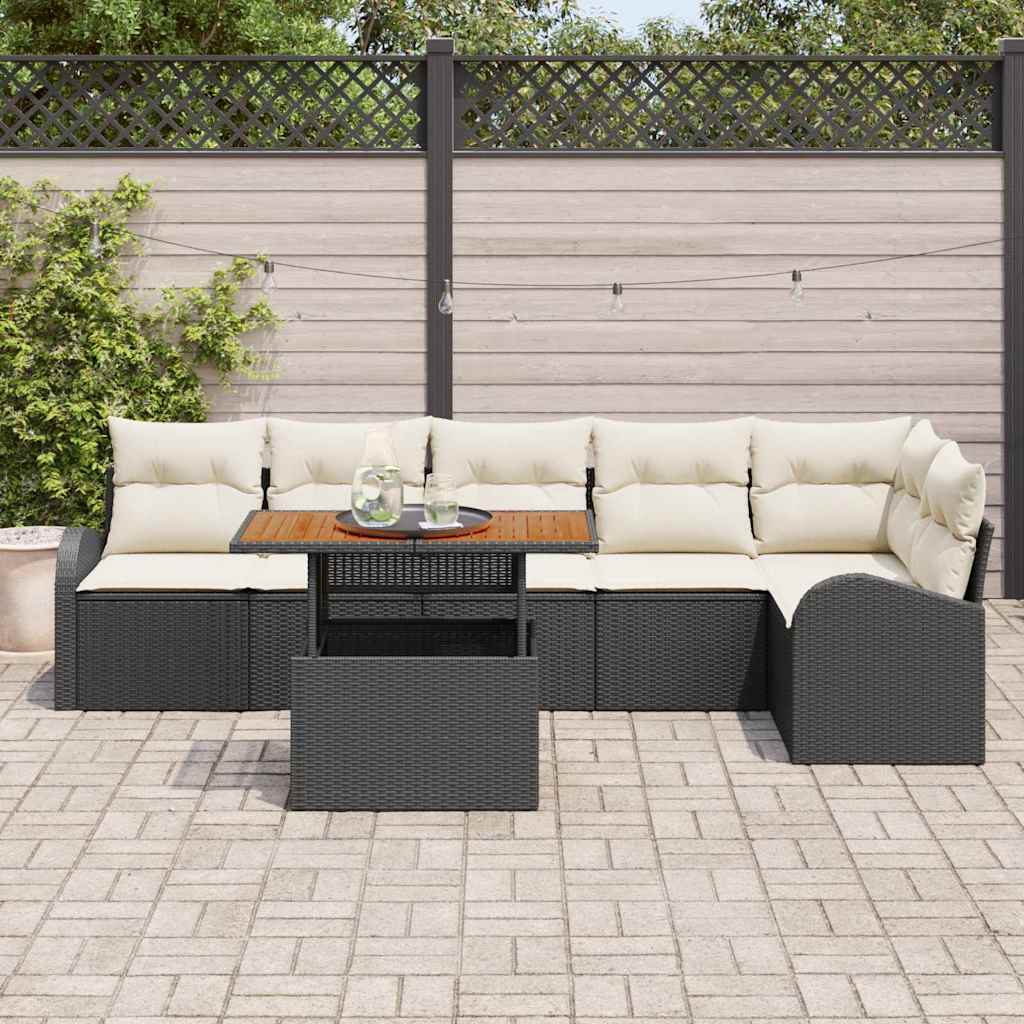 Conjunto de Sofá de Jardim com almofada 7 pcs Preto e creme