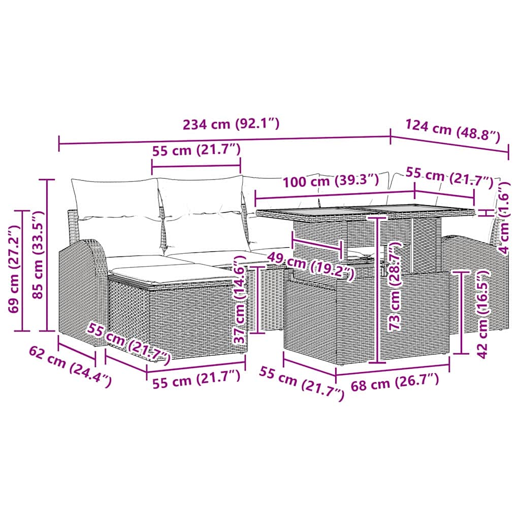 Conjunto de Sofá de Jardim com almofada 7 pcs Cinzeto